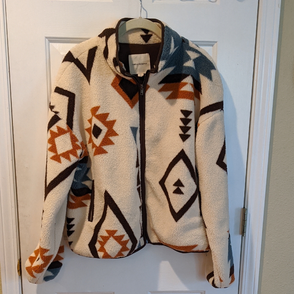 Canyon Jacket Women L Soft Fleece Aztec Western Ivory Geometric Jacket Pockets